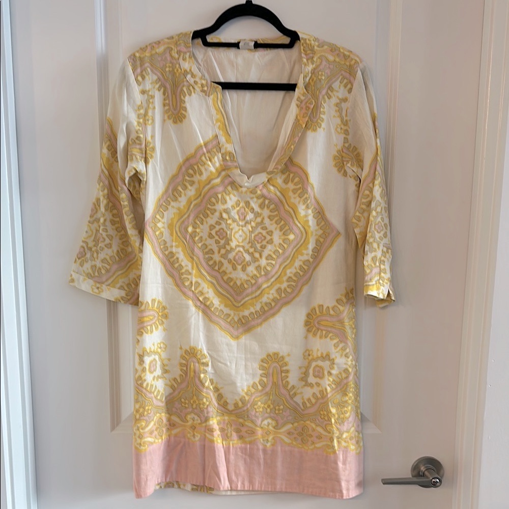 J. Crew Pink and Yellow Resort Dress with Plunge Neckline and 3/4 Sleeves